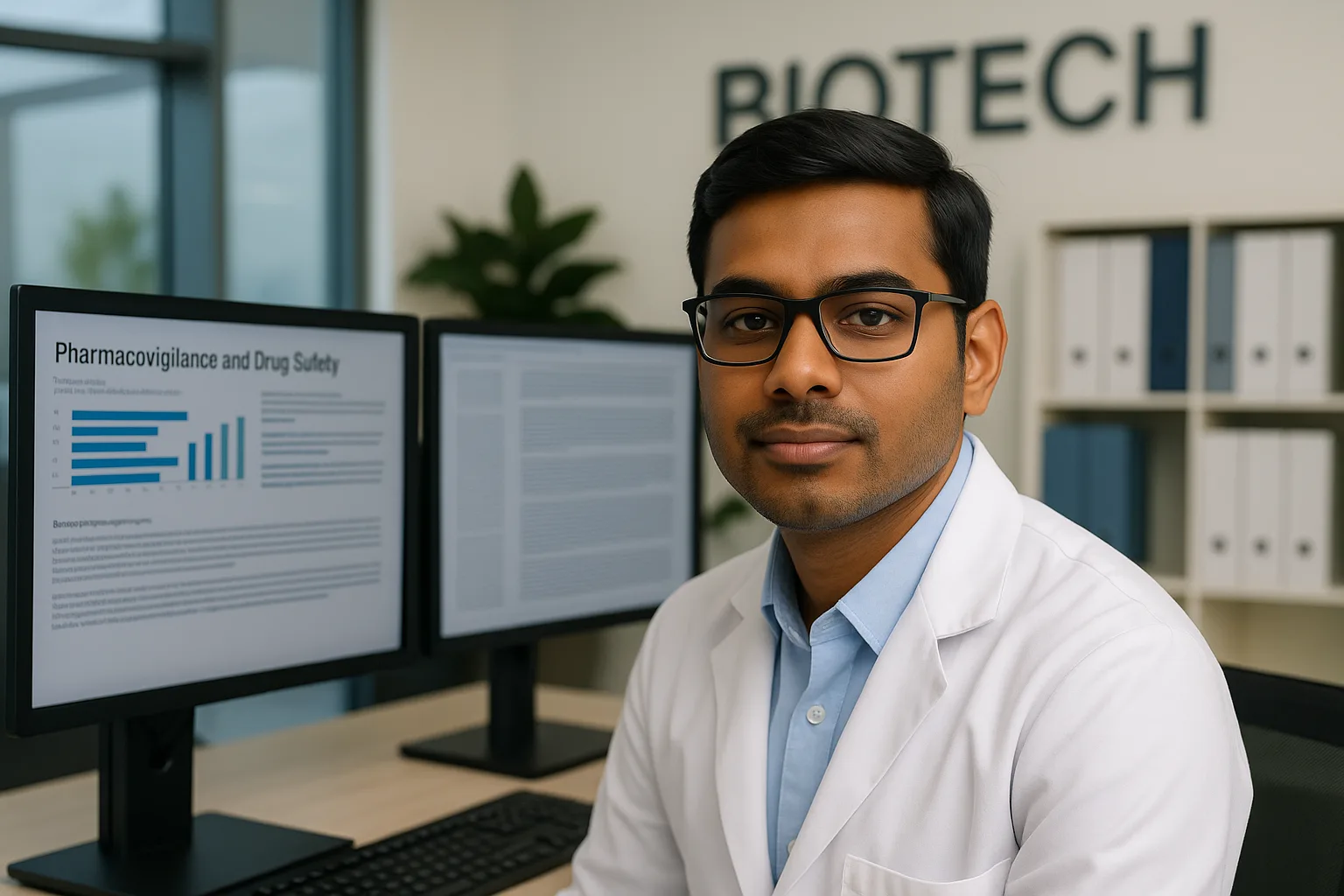 Profesional indio de unos 30 años, con bata blanca de laboratorio, sentado en la mesa de una oficina de biotecnología con dos monitores que muestran datos de seguridad clínica.
