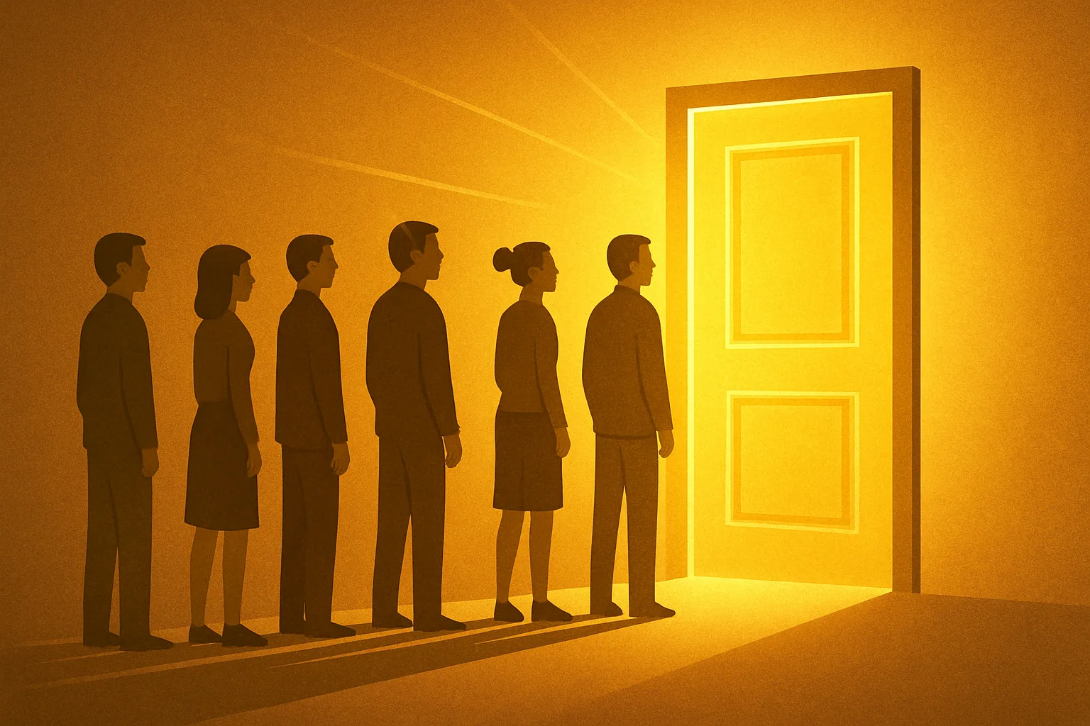Illustration de personnes faisant la queue devant une porte dorée et lumineuse.