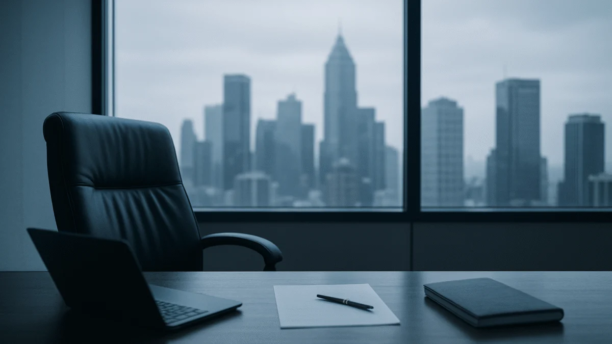 Oficina ejecutiva moderna y vacía con el perfil urbano de la ciudad al fondo, que simboliza los puestos de directivo y ejecutivo en una multinacional