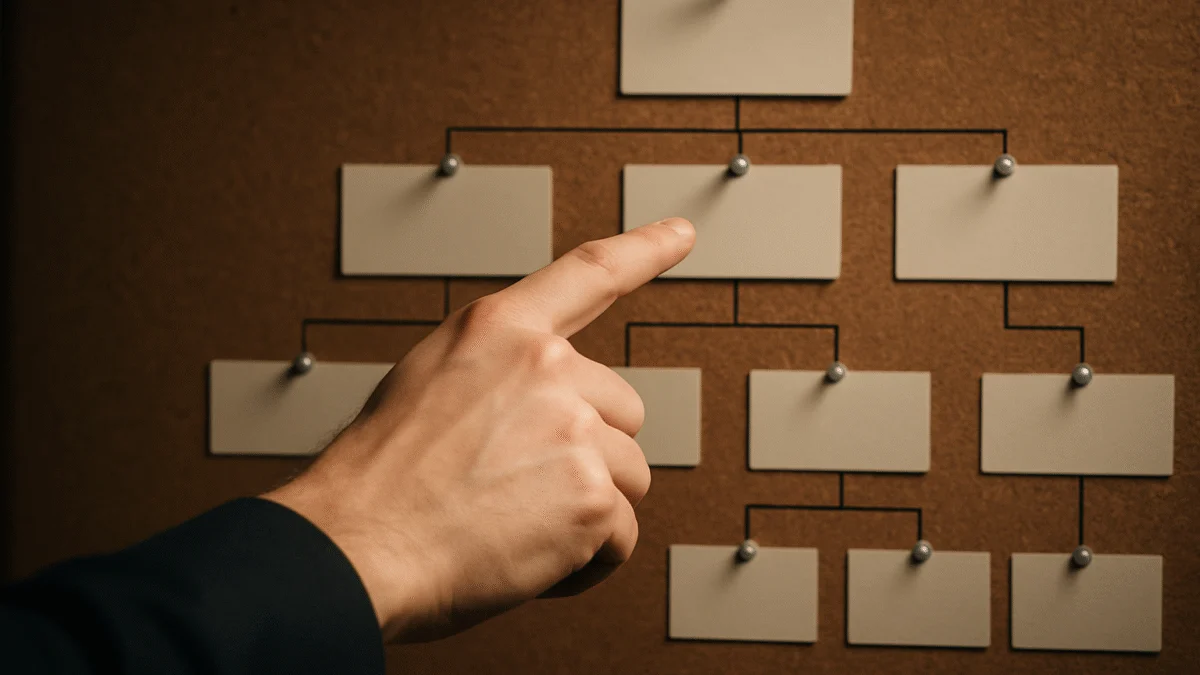Una mano que señala un organigrama, que simboliza la documentación de la estructura corporativa para la categoría EB-1C