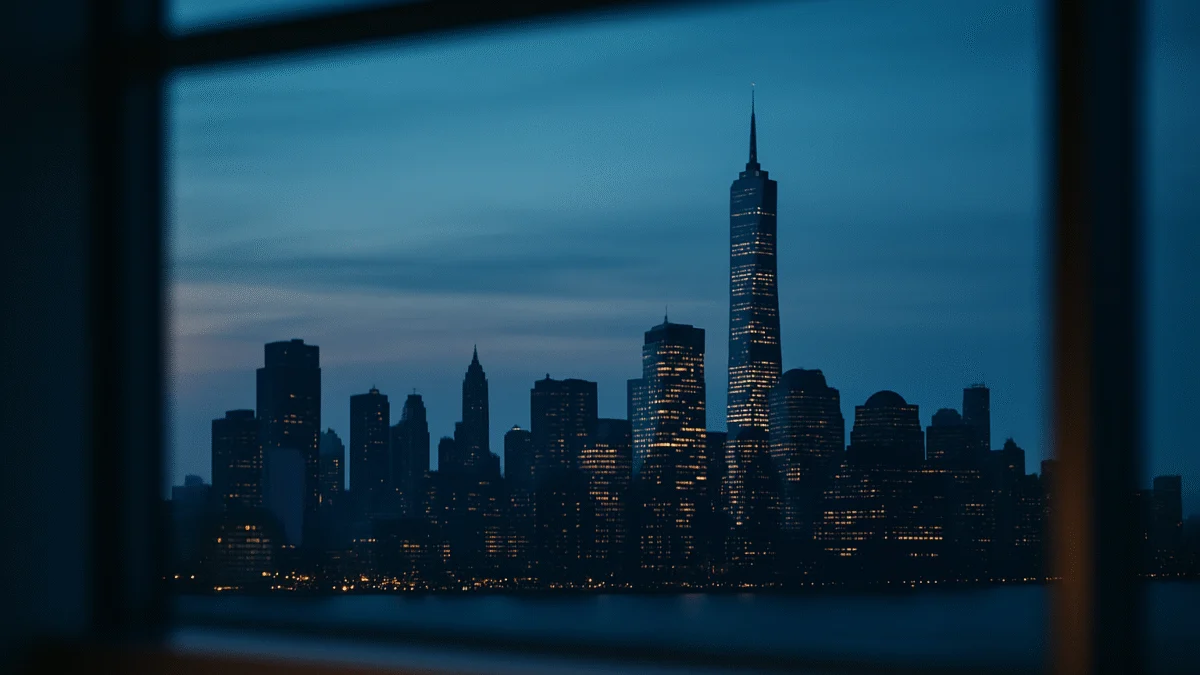 La silueta del perfil urbano vista desde la ventana de una oficina al atardecer, que simboliza las operaciones de una empresa multinacional