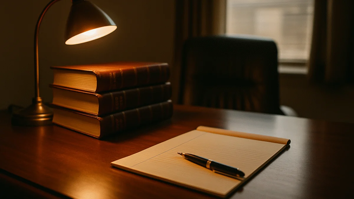 El escritorio de un abogado con libros de derecho y un bloc de notas, que simboliza la preparación de una respuesta a una RFE o a una NOID