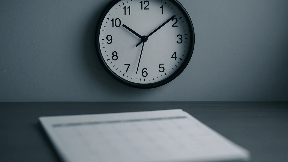Un reloj de pared a punto de llegar a la hora límite junto a un calendario, que simboliza los plazos para responder a las solicitudes de información adicional (RFE) y a las notificaciones de información adicional (NOID)