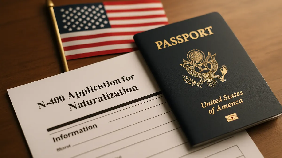 N-400 naturalization application, U.S. passport, and American flag on a desk