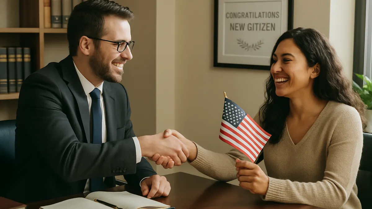 Naturalization lawyer congratulating a new U.S. citizen client in a Seattle office