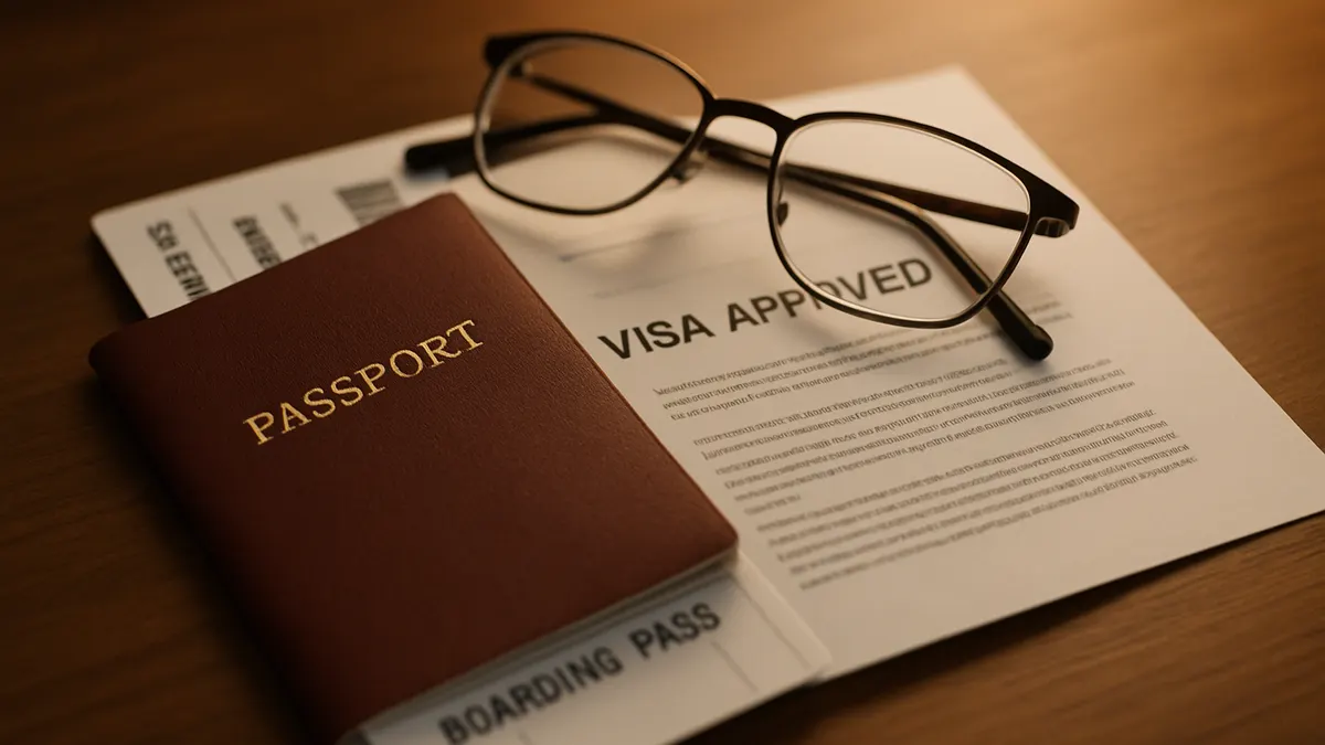 Un passeport, une carte d'embarquement et un avis d'approbation de visa posés sur le bureau d'un avocat à Seattle