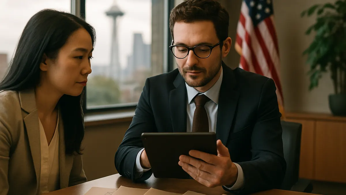 Un avocat spécialisé dans les visas temporaires de non-immigrant passe en revue les différentes catégories de visas avec un client dans un cabinet de Seattle
