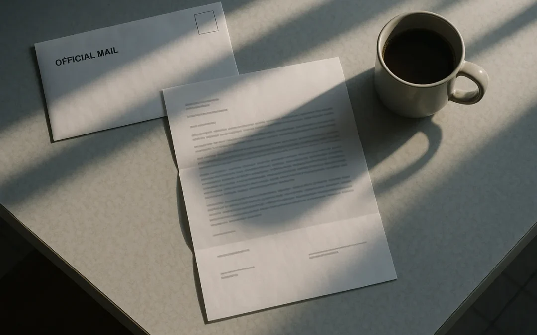Official envelope and opened letter on a table in early morning light