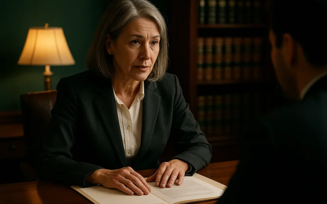 Woman attorney explaining a document to a client in a traditional law office