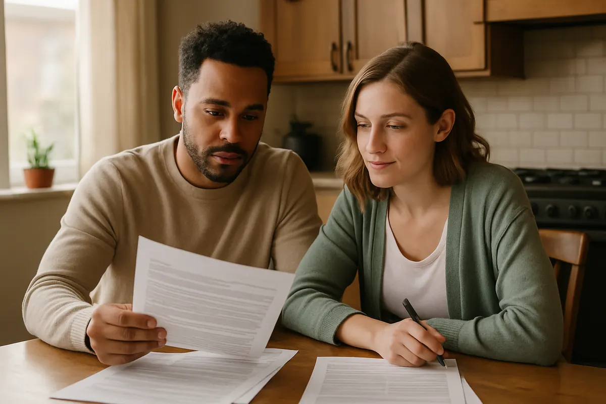 Married couple reviewing a USCIS denial notice and supporting documents at home
